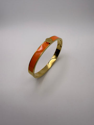 Roman Numeral Orange Enamel Bangle in Gold