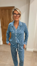 Load image into Gallery viewer, Isla Full Button Pyjamas in Medium Blue with Stars