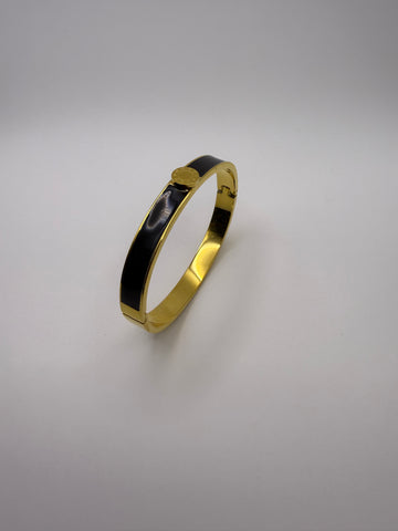 Roman Numeral Black Enamel Bangle in Gold