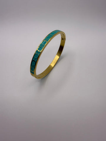Mosaic Pattern Turquoise Enamel Bangle in Gold