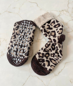 Leopard Print Slipper Sock Camel/ Brown