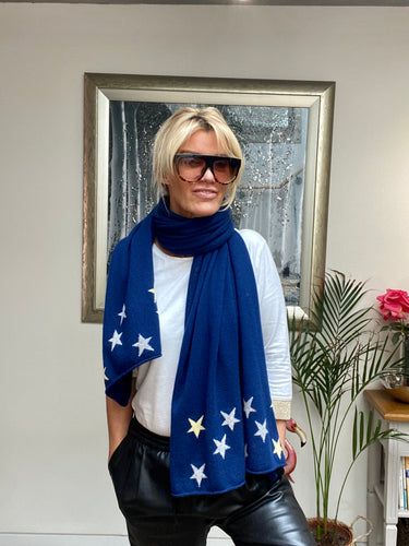 Pure Cashmere Large Star Scarf in Navy Blue