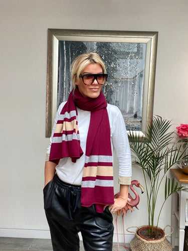 Pure Cashmere Large Stripe Scarf in Wine Red