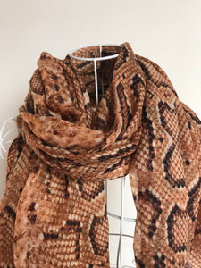 Pure Cashmere Lightweight Snake Skin Print Scarf In Brown