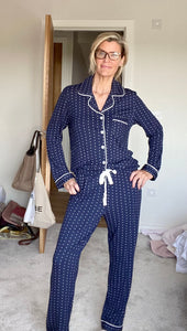 Isla Full Button Pyjamas in Navy and White Spots