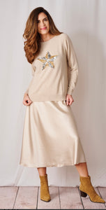 Two Tone Star Cashmere Blend Jumper in Sand & Silver/ Gold Sequins