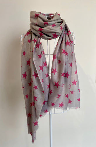 Pure Cashmere Lightweight Star Print Scarf in Grey/ Pink