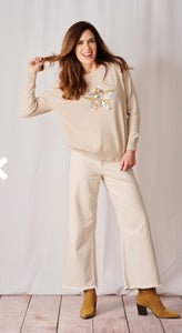 Two Tone Star Cashmere Blend Jumper in Sand & Silver/ Gold Sequins