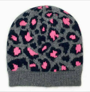 100% Pure Cashmere Leopard Print Knitted Beanie